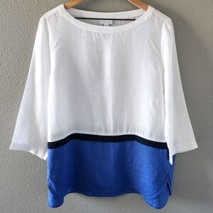 J. Jill Love Linen Top Size Large Colorblock White Blue 3/4 Sleeves Lagenlook